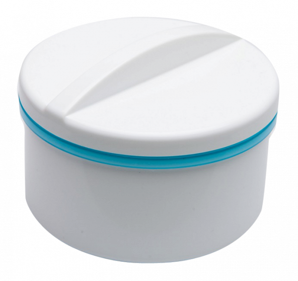 Skrzynka – pojemnik do protez z sitkiem, biało-niebieski