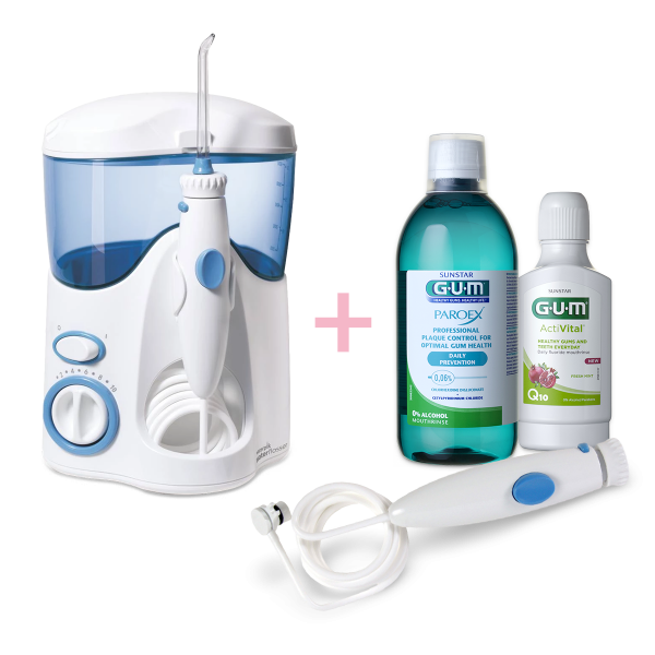 Waterpik Ultra WP100 z płynem do płukania ust GUM PAROEX, GUM ActiVital i zapasowym wężem