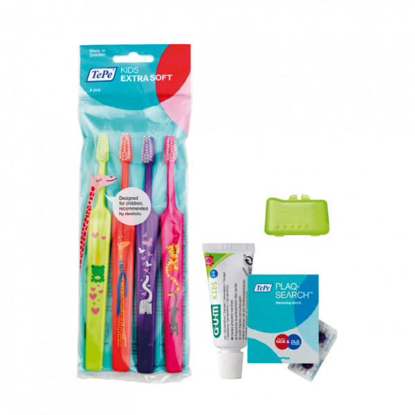 TePe Select Compact KIDS x-soft 3+1 + TePe etui na szczoteczkę + GUM pasta do zębów dla dzieci, 12 ml + TePe PlaqSearch tabletki, 2 szt. 