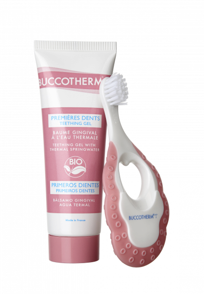 Buccotherm, zestaw dla niemowląt – żel BIO do masażu dziąseł + szczoteczka do pierwszych ząbków
