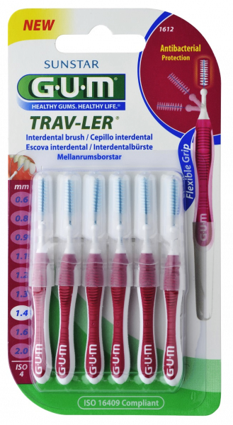 GUM TRAV-LER szczoteczka międzyzębowa z chlorheksydyną, cylindryczna, ISO 4, 1,4 mm, blister 6 szt.