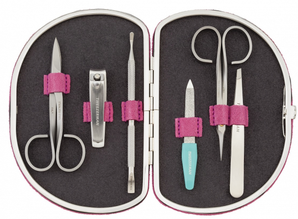 Tweezerman Manicure różowy z pincetą SLANT - 6 przyborów, dwie pary nożyczek