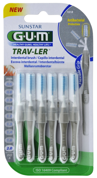 GUM TRAV-LER szczoteczka międzyzębowa z chlorheksydyną, cylindryczna, ISO 6, 2,0 mm, blister 6 szt.
